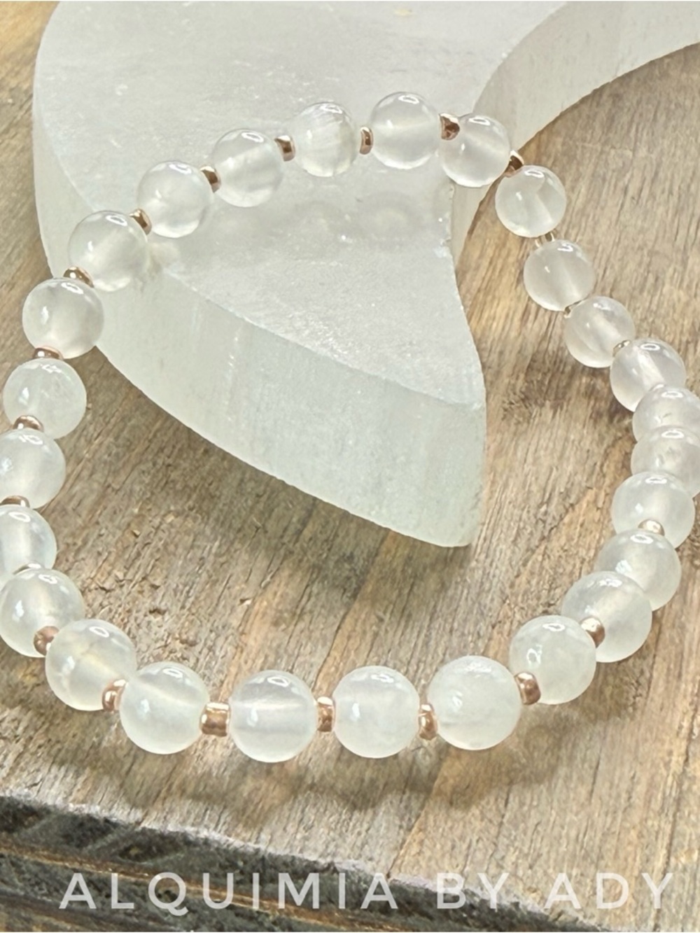 MINIMAL +6mm Selenite beaded handmade  bracelet with rose gold accents